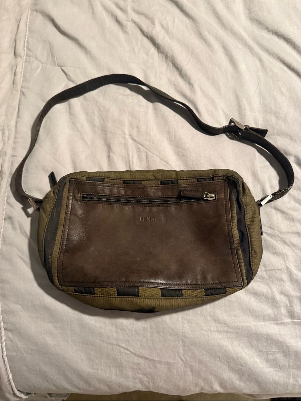 Fendi Olive Canvas and Brown Leather Bag